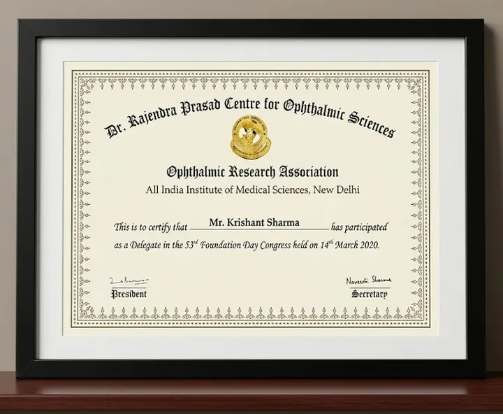 A framed certificate from the Dr. Rajendra Prasad Centre for Ophthalmic Sciences, AIIMS New Delhi, recording Krishant Sharma as a delegate at the 53rd Foundation Day Congress of the Ophthalmic Research Association, 14 March 2020.