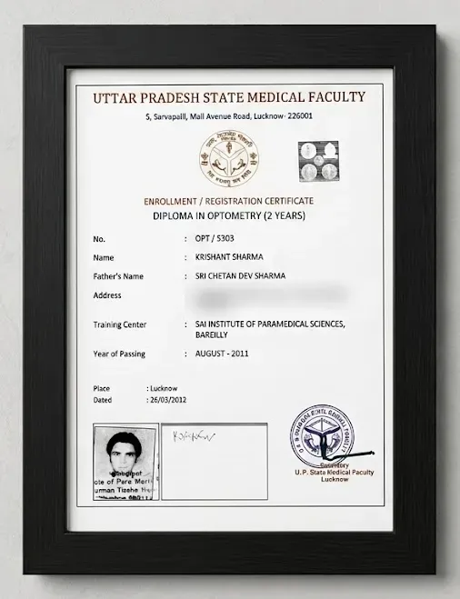 A framed enrolment certificate from the Uttar Pradesh State Medical Faculty, Lucknow: Diploma in Optometry, two years, awarded to Krishant Sharma, year of passing August 2011.