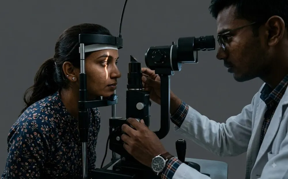 A patient at the slit lamp, forehead against the band, a narrow beam across the front of the eye.